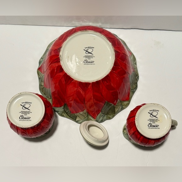 Poinsettia Creamer/Sugar & Large Serving Bowl Hand Painted Set Everyday Gibson - Picture 3 of 9